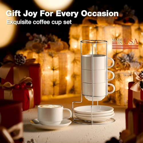 White Porcelain Cappuccino Cups with Saucers Set