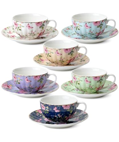 Floral Porcelain Tea Cups and Saucers Set of 6