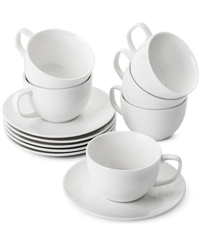 Set of 6 White Porcelain Tea Cups & Saucers