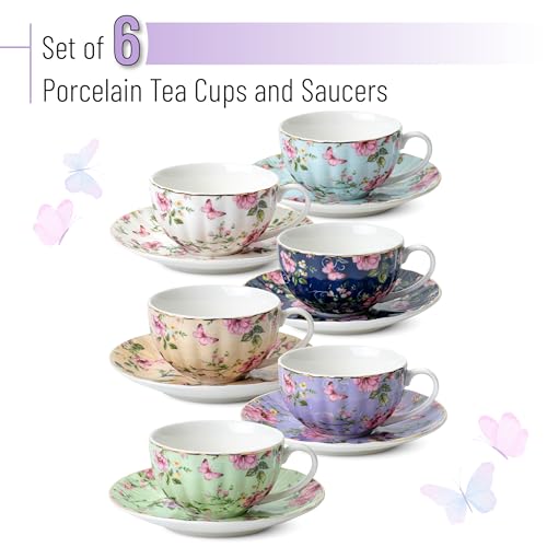Floral Porcelain Tea Cups and Saucers Set of 6