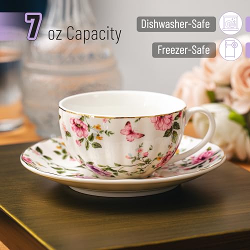 Floral Porcelain Tea Cups and Saucers Set of 6