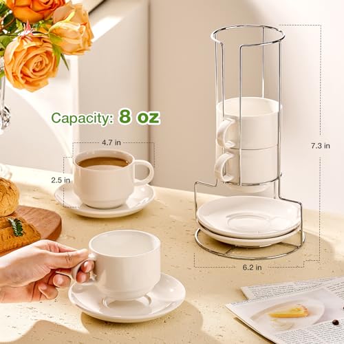 White Porcelain Cappuccino Cups with Saucers Set