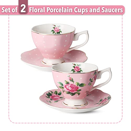 Floral Porcelain Tea Cups Set with Gold Trim