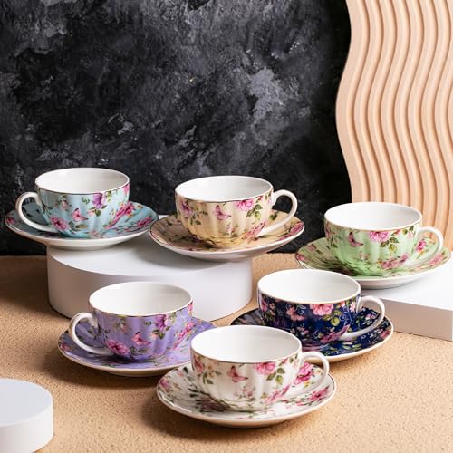 Floral Porcelain Tea Cups and Saucers Set of 6