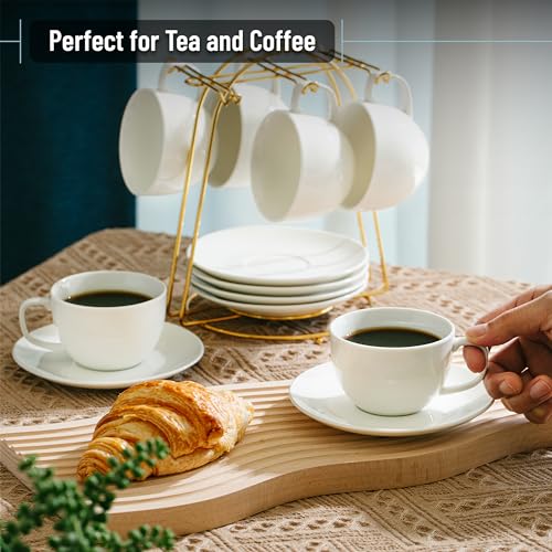 Set of 6 White Porcelain Tea Cups & Saucers