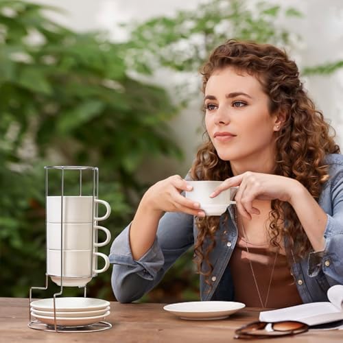 White Porcelain Cappuccino Cups with Saucers Set