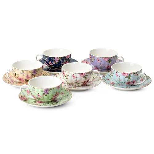 Floral Porcelain Tea Cups and Saucers Set of 6