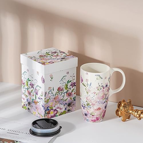 Spring Floral Ceramic Coffee Mug with Lid 17oz