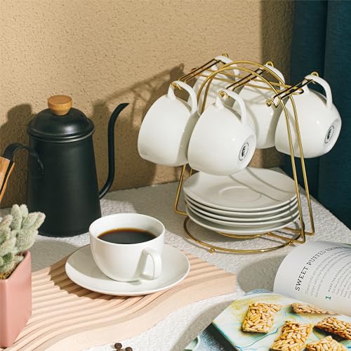 Set of 6 White Porcelain Tea Cups & Saucers