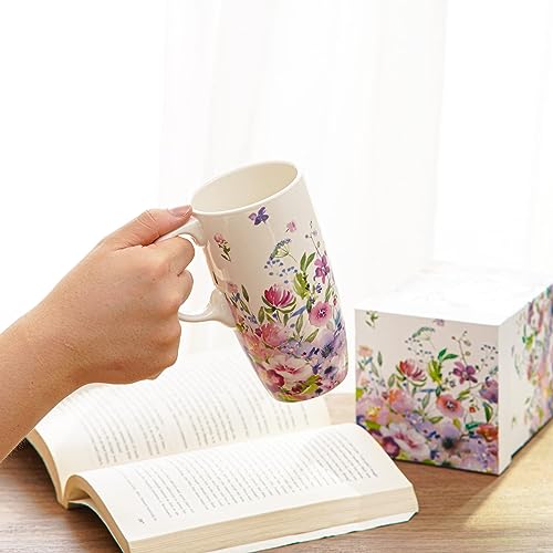 Spring Floral Ceramic Coffee Mug with Lid 17oz