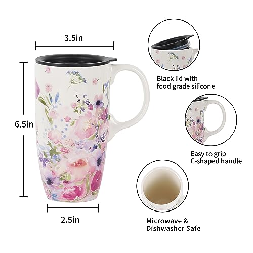 Spring Floral Ceramic Coffee Mug with Lid 17oz
