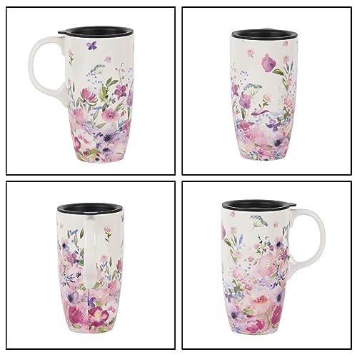 Spring Floral Ceramic Coffee Mug with Lid 17oz