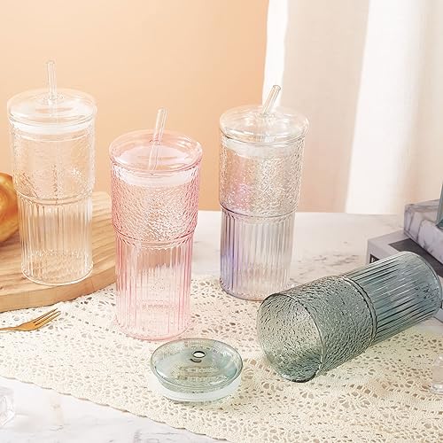 Clear Glass Cup Set with Lid and Straw
