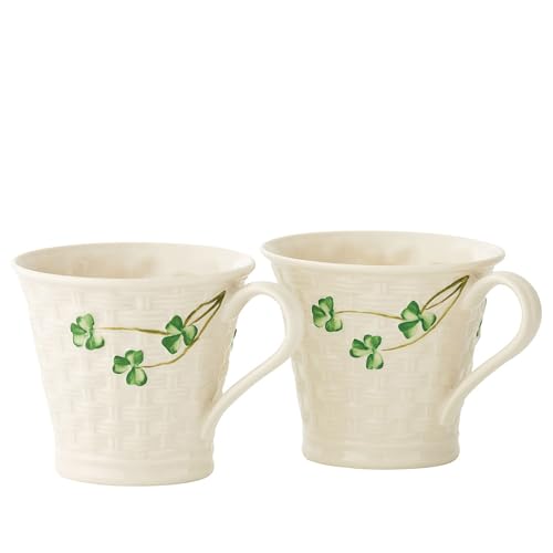 Set of 2 Belleek Shamrock Basketweave Mugs