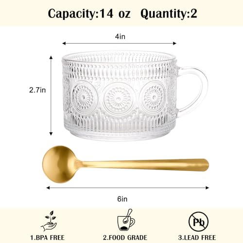 Moretoes Vintage Glass Coffee Mugs - 14oz Set