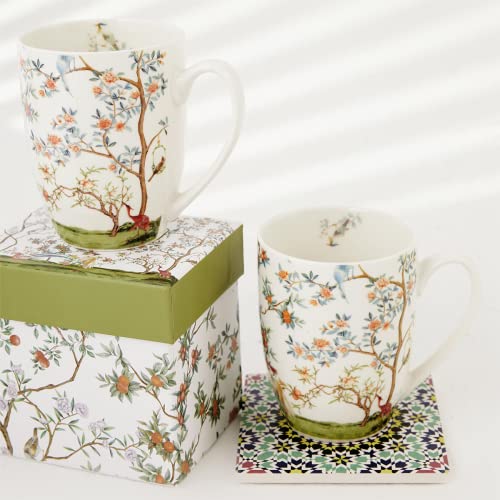Bird and Branch Flower Coffee Mug Set