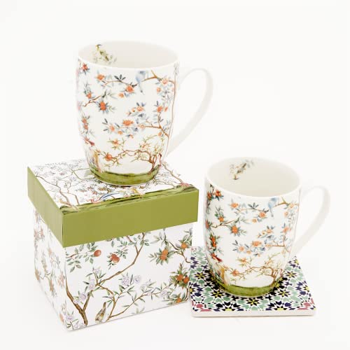 Bird and Branch Flower Coffee Mug Set
