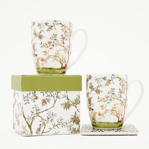 Bird and Branch Flower Coffee Mug Set
