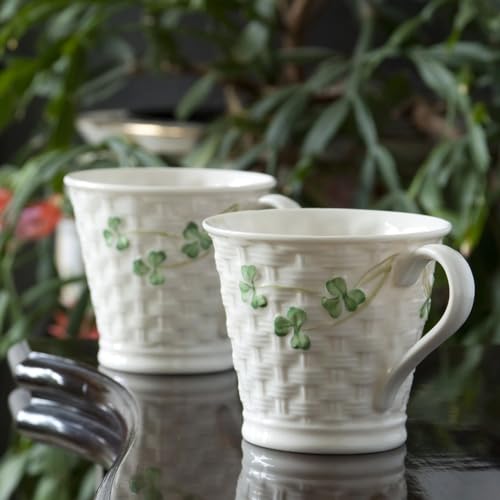 Set of 2 Belleek Shamrock Basketweave Mugs