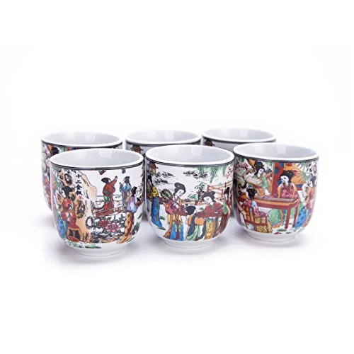 Set of 6 Eastern Asian Design Ceramic Tea Cups