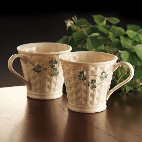 Set of 2 Belleek Shamrock Basketweave Mugs
