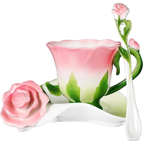 Floral Ceramic Tea Cups with Saucers and Spoon