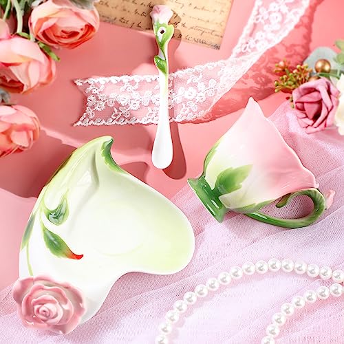 Floral Ceramic Tea Cups with Saucers and Spoon