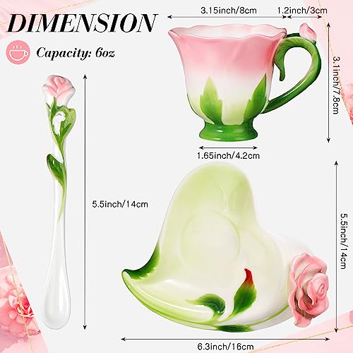 Floral Ceramic Tea Cups with Saucers and Spoon