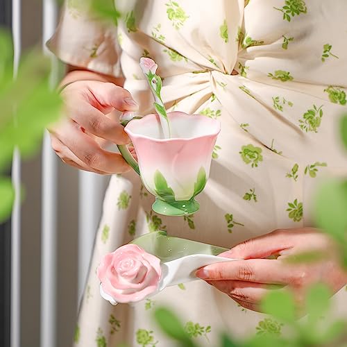 Floral Ceramic Tea Cups with Saucers and Spoon