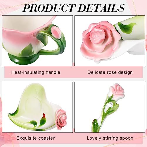 Floral Ceramic Tea Cups with Saucers and Spoon