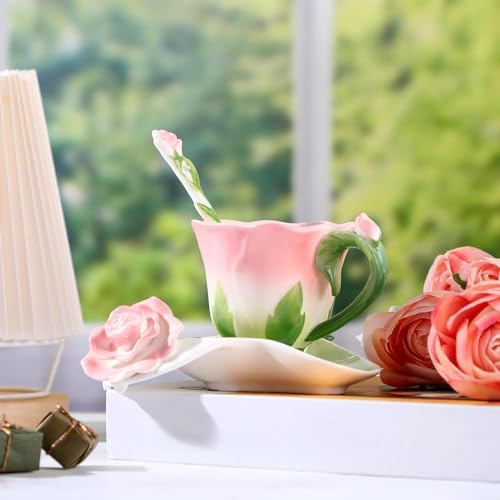 Floral Ceramic Tea Cups with Saucers and Spoon