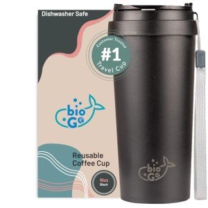 bioGo 16oz Cup, Rice Husk Fibre, BPA-Free, Double Wall Insulation Reusable Coffee Cups, On-The-Go Travel Mug, Screw Tight Lid, Textured Grip, Ultra Lightweight Microwave Tumbler (Midnight Black, 16oz)