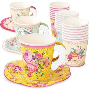 Vintage Floral Disposable Tea Cups & Saucer Set