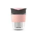 SoleCup. Travel Mug Loose Tea Infuser - Detachable Tea Strainer with Spillproof Lid - BPA-Free Reusable Glass Travel Coffee Cup with Silicone Band (Grey and Pink)
