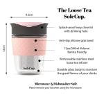 SoleCup. Travel Mug Loose Tea Infuser - Detachable Tea Strainer with Spillproof Lid - BPA-Free Reusable Glass Travel Coffee Cup with Silicone Band (Grey and Pink)