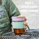 SoleCup. Travel Mug Loose Tea Infuser - Detachable Tea Strainer with Spillproof Lid - BPA-Free Reusable Glass Travel Coffee Cup with Silicone Band (Grey and Pink)