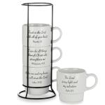 Signature Housewares Stackable Coffee Mug Tower Set with Metal Wire Rack - 15 Ounce Coffee Mugs for Coffee, Tea, Cocoa, Milk, Cappuccino, Hot Chocolate Set of 4 - Inspirational Bible Verses