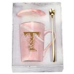 Letter T Personalized Initial Mugs with Flower, Letter T Personalized Novelty Coffee Mug, Novelty Letter Coffee Mugs for Women, Bridal Shower Gifts, Women's Initials Gifts Coffee Mug 14 Ounce Pink