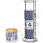 Eorbow 4 Pack Ceramic Coffee Mug Set with Rack, 16 OZ Stackable Cappuccino Cups with Metal Stand, Blue and White Porcelain Tea Mugs for Latte, Americano, Milk, Hot Cocoa, Beverages, Microwave Safe