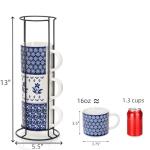 Eorbow 4 Pack Ceramic Coffee Mug Set with Rack, 16 OZ Stackable Cappuccino Cups with Metal Stand, Blue and White Porcelain Tea Mugs for Latte, Americano, Milk, Hot Cocoa, Beverages, Microwave Safe