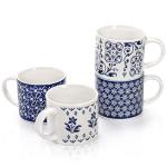 Eorbow 4 Pack Ceramic Coffee Mug Set with Rack, 16 OZ Stackable Cappuccino Cups with Metal Stand, Blue and White Porcelain Tea Mugs for Latte, Americano, Milk, Hot Cocoa, Beverages, Microwave Safe