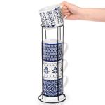 Eorbow 4 Pack Ceramic Coffee Mug Set with Rack, 16 OZ Stackable Cappuccino Cups with Metal Stand, Blue and White Porcelain Tea Mugs for Latte, Americano, Milk, Hot Cocoa, Beverages, Microwave Safe