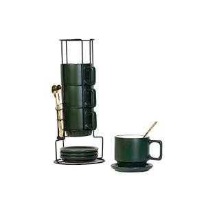 La Belle Maison Coffee Mug Set of 4-11.5 Oz Porcelain Stackable Coffee Mugs with Saucers, Spoons & Metal Stand - Ceramic Tea Cups with Rack - Dishwasher & Microwave Safe