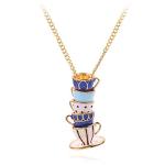 Zhang shine Dainty Funny Stacked Enamel Teacup Necklace, 3D Interlock Teapot Coffee Tea Cup Pendant Elegant Teacup Long Sweater Necklace for Women