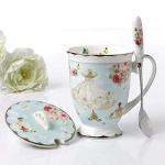 Krysclove Vintage Ceramic Tea Cup Coffee Mug with Lid and Spoon Set, Royal Fine Bone China Mugs 11oz(Light Blue)