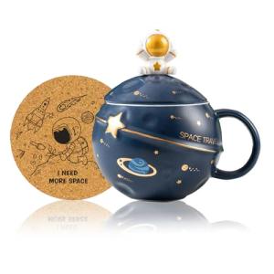 Yalucky Kawaii Astronaut Cup Space Embossed Planet Mug, Cute Ceramic Coffee Mug, Novelty Mug with Lid and Spoon for Coffee, Tea, Milk, Aesthetic Room Decor Funny Gift for Girl Boy Women (Dark blue)
