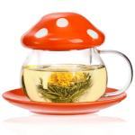Acshio Mushroom Tea Cup, 11 Oz Cute Glass Cup with Tea Infuser and Lid, Heat Resistant Kawaii Mushroom Mug Set Coffee Teapot with Ceramic Coasters, Perfect for Mother's Day Birthday Gift, Orange