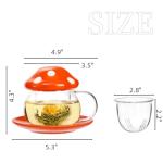 Acshio Mushroom Tea Cup, 11 Oz Cute Glass Cup with Tea Infuser and Lid, Heat Resistant Kawaii Mushroom Mug Set Coffee Teapot with Ceramic Coasters, Perfect for Mother's Day Birthday Gift, Orange
