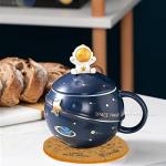 Yalucky Kawaii Astronaut Cup Space Embossed Planet Mug, Cute Ceramic Coffee Mug, Novelty Mug with Lid and Spoon for Coffee, Tea, Milk, Aesthetic Room Decor Funny Gift for Girl Boy Women (Dark blue)