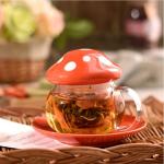 Acshio Mushroom Tea Cup, 11 Oz Cute Glass Cup with Tea Infuser and Lid, Heat Resistant Kawaii Mushroom Mug Set Coffee Teapot with Ceramic Coasters, Perfect for Mother's Day Birthday Gift, Orange